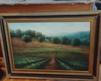 Landscape Painting of a Vineyard with Rows of Crops