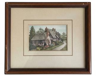 Watercolor Painting of a Thatched Cottage by A. Thomas