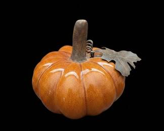 Ceramic Pumpkin Decoration with Metal Leaf Accent