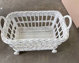 Vintage White Wicker Rolling Basket Cart second image