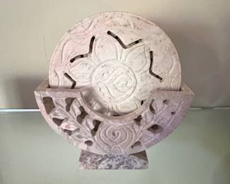 Carved Soapstone Coaster Set with Holder  Floral and Leaf Motif