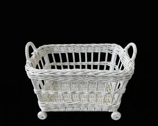Vintage White Wicker Rolling Basket Cart