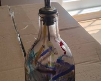 Handblown Glass Cruet with Swirled Inclusions and Metal Spout