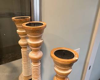 Large Turned Wood Candlesticks Set of   Distressed Finish second image