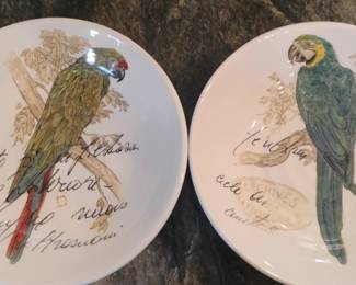 Decorative Ceramic Plates with Macaw Design and Vintage Postmarks