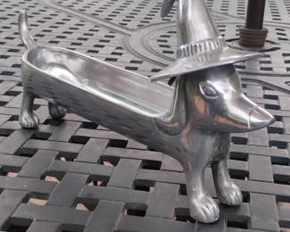 Aluminum Dachshund Cracker Dish with Witch Hat