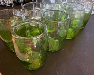 Set of Green HandBlown Glass Tumblers with Bubbles