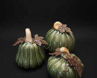 Set of Three Ceramic Pumpkins with Gold Leaves and Wire Tendrils second image