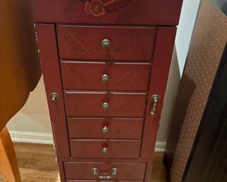Vintage Red Jewelry Armoire with Bird and Floral Motif