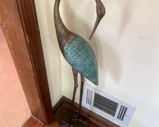 Viridian Bay Patina Crane garden statue crafted from hand-cast aluminum with a teal verdigris and bronze finish