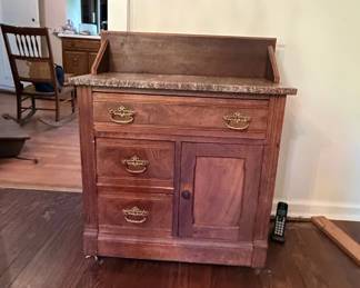 Victorian Eastlake Walnut Washstand with Marble Top