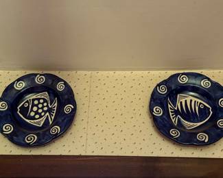 Pair of Spanish HandPainted Ceramic Plates with Fish Motif