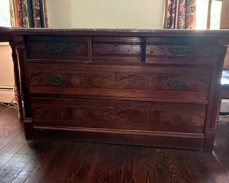 Antique Eastlake Walnut Burl Wood Marble Top Chest of Drawers