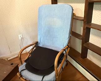 Vintage Rattan Swivel Rocking Chair with Blue Stripe Cushions