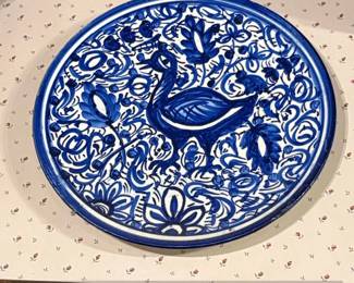 Blue and White Ceramic Decorative Plate with Swan Motif  Fajalauza Style