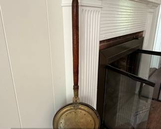 Antique Brass Bed Warmer with Wooden Handle and Engravings