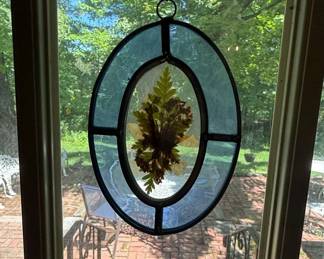 Oval Stained Glass Sun Catcher with Ferns and Dried Botanicals