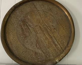 Antique Middle Eastern Brass Charger Plate with Embossed Design