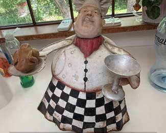 Whimsical Metal Chef Figurine Holding Turkey and Goblet