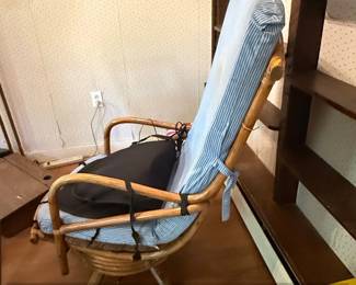Vintage Rattan Swivel Rocking Chair with Blue Stripe Cushions third image