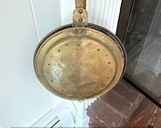 Antique Brass Bed Warmer with Wooden Handle and Engravings second image