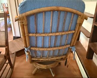 Vintage Rattan Swivel Rocking Chair with Blue Stripe Cushions second image