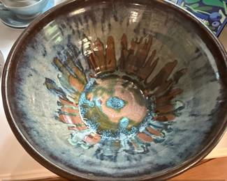 Large Ceramic Mixing Bowl with Drip Glaze and Peacock Technique