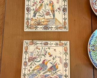 Pair of Vintage HandPainted Portuguese Ceramic Tiles with Birds