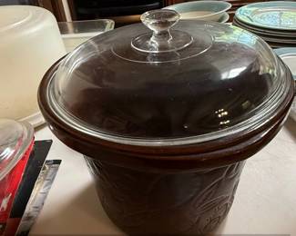 Vintage Farberware Brown Stoneware Crock R Cooker with Glass Lid