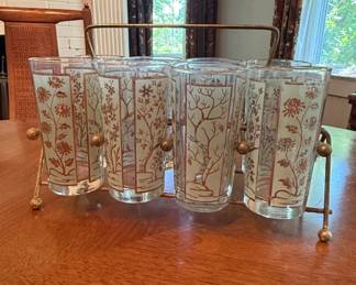 Vintage Libbey Autumn Tree Tumbler Glasses with Caddy