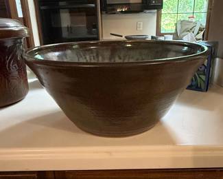 Large Ceramic Mixing Bowl with Drip Glaze and Peacock Technique second image