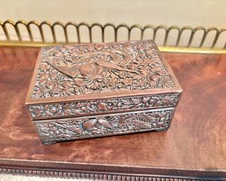 Antique Mahogany Jewelry Box with Fine Raised Metal Patterns