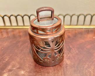 Vintage Art Nouveau French Glass Jar with Copper Overlay