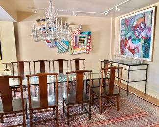 Custom Designed Beveled Glass/Acrylic Dining Table with Baker Chinoiserie Chairs