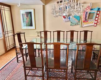 Custom Designed Beveled Glass/Acrylic Dining Table with Baker Chinoiserie Chairs