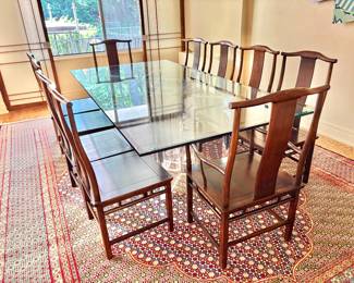 Custom Designed Beveled Glass/Acrylic Dining Table with Baker Chinoiserie Chairs