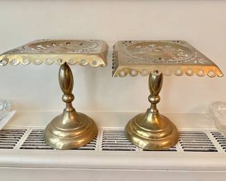 Pair Antique Early American Pierced Brass Bakery Cake Display Tray or Kettle Stand