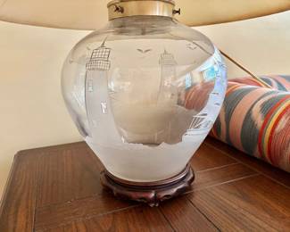 Vintage Lighthouse/Ocean Themed Etched Glass Table Lamp