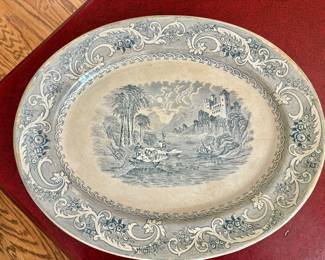 Antique Blue Staffordshire Transferware Platter "Rhine" Scene