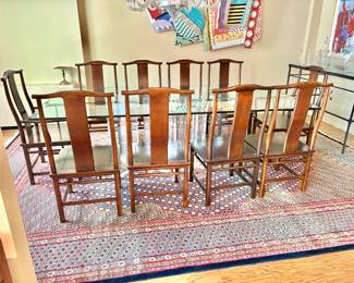 Custom Designed Beveled Glass/Acrylic Dining Table with Baker Chinoiserie Chairs
