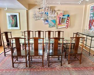 Custom Designed Beveled Glass/Acrylic Dining Table with Baker Chinoiserie Chairs