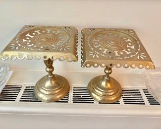 Pair Antique Early American Pierced Brass Bakery Cake Display Tray or Kettle Stand