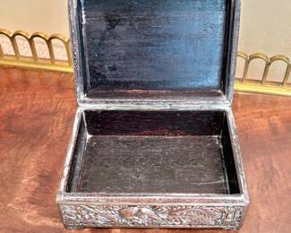 Antique Mahogany Jewelry Box with Fine Raised Metal Patterns