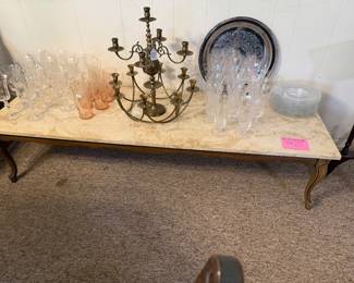 MCM Marble top coffee table, Tiffin Glass, Brass candleabra