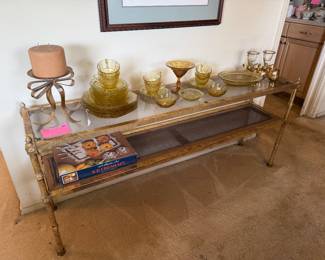 Heavy Gold metal 2 tier sofa table, amber depression glass