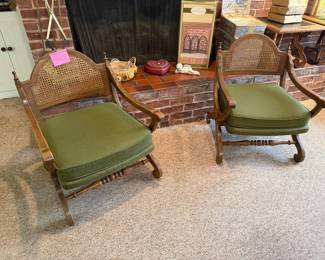 Pair of Spanish style arm chairs and avacado green fabric seats