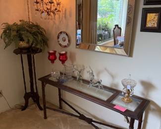 Swag Chandelier, sofa table, mirror