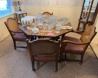 MCM Octagonal game table on castors with 4 chairs