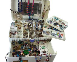 Large 1980s CaBoodles Case Bright Colored Jewelry Necklaces Earrings and misc parts