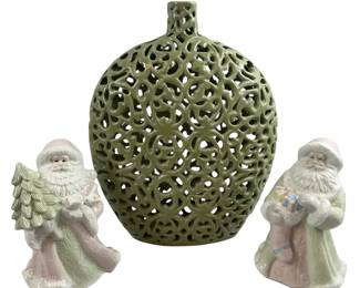 Large Pierced Vase Decor Ceramic + 2 Pink Santa Figures